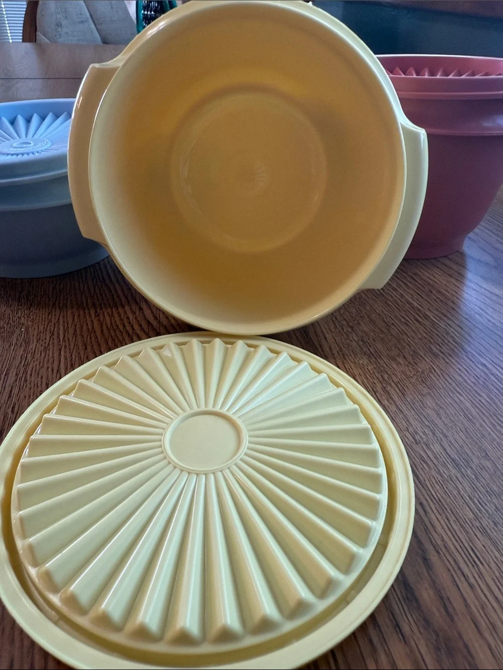 Tupperware Yellow, Blue and Pink 80s Pastel Plastic Food Container & Lids